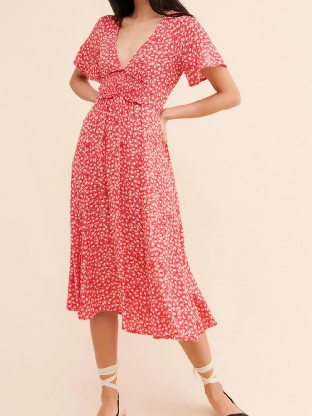 Free people Full Bloom Midi Dress in red floral print sz L